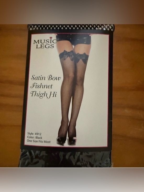 Music Legs Other - Music Legs Black Satin Bow Fishnet Thigh High Stockings.